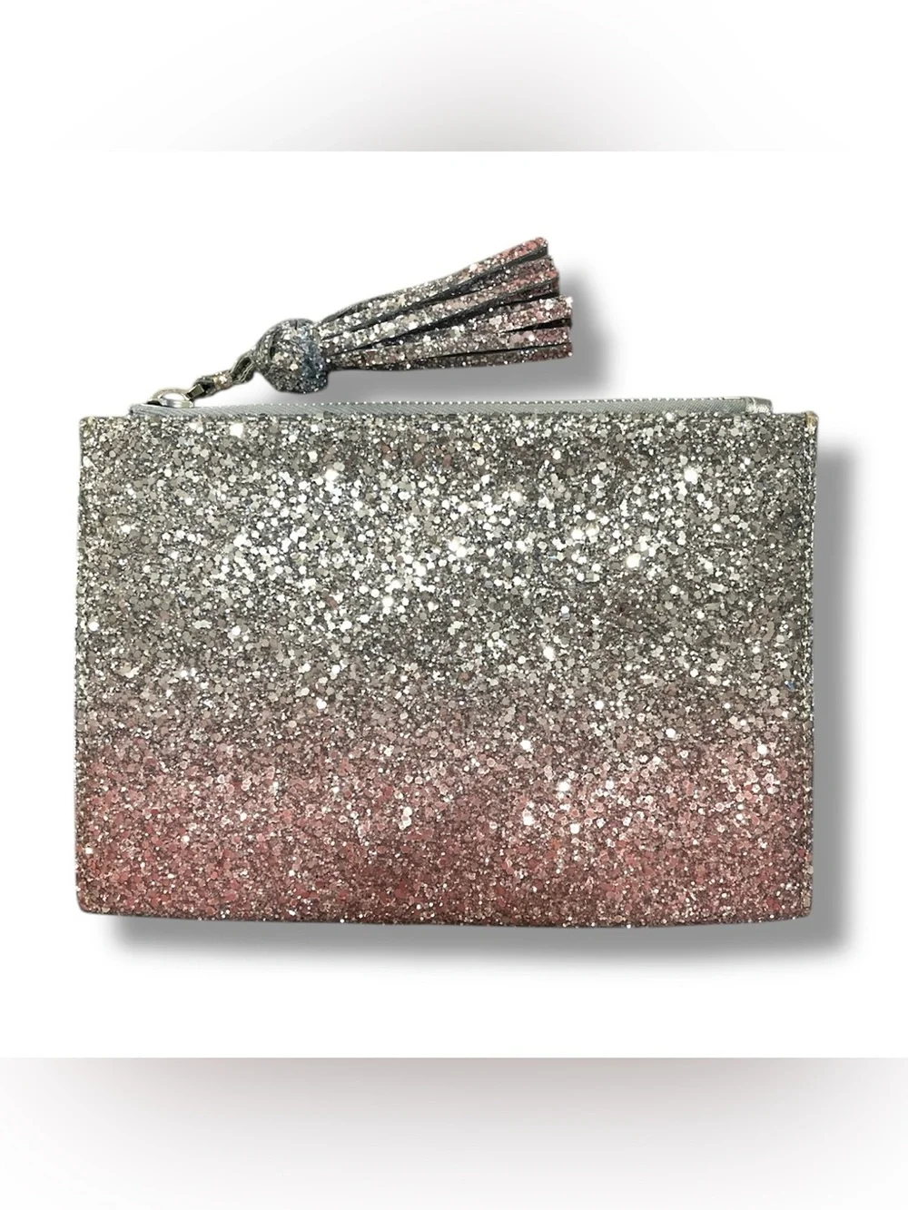 Katherine Kwei Silver Pink Ombre Glitter Leather Lila Pouchette Clutch Bag NWT